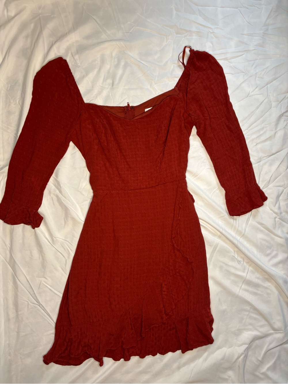 City Vibe Square-Neck Ruffle Mini Dress in rust